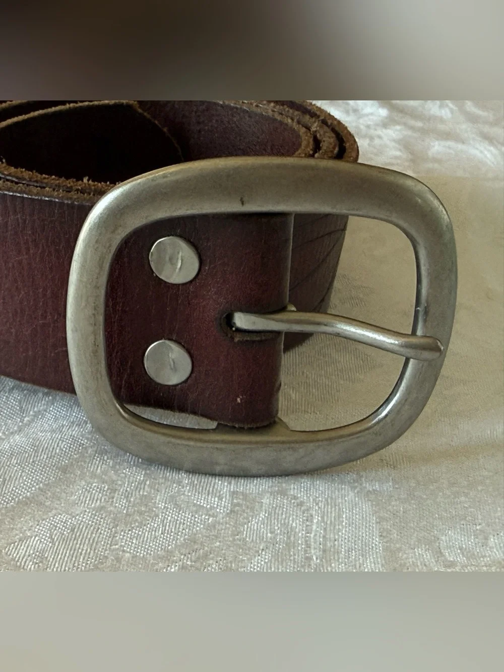 Brown Leather Belt with Brushed Silver Buckle